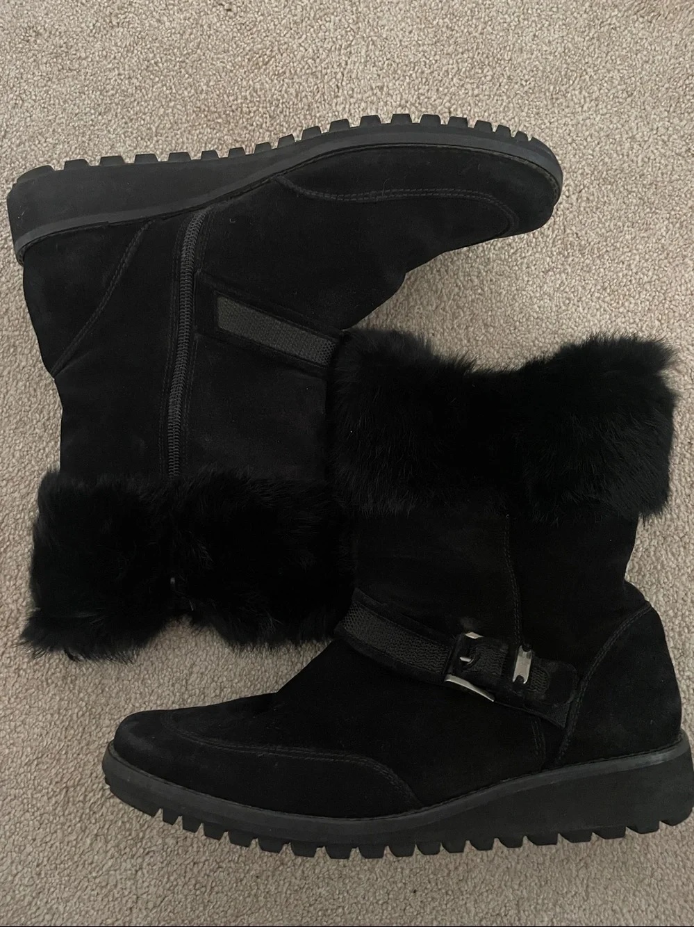 Stuart Weitzman boots black suede rabbit fur 9,5 warm comfortable mid/calf